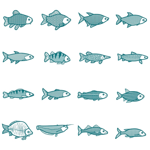 魚 - 近代的なライン デザイン スタイルのアイコンが白の背景に設定します。動物のコレクション。マス