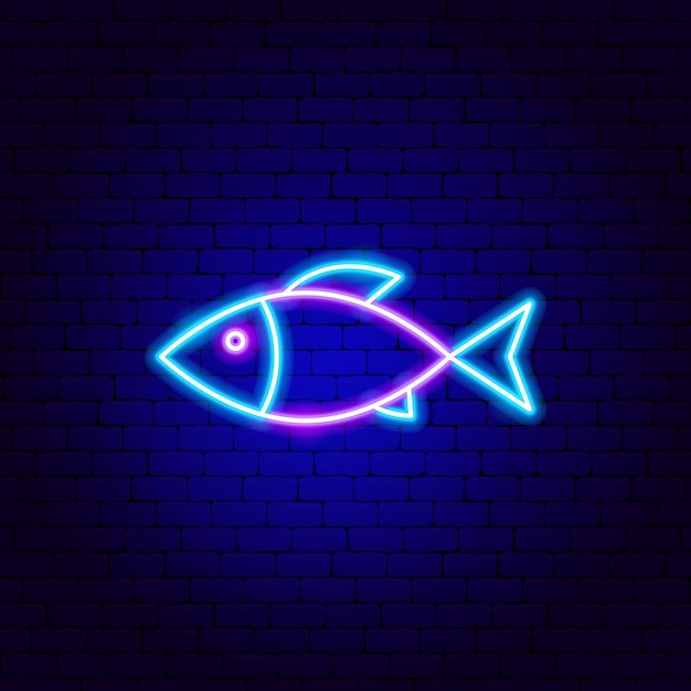 Insegna al neon di pesce. illustrazione vettoriale di promozione dei frutti di mare.