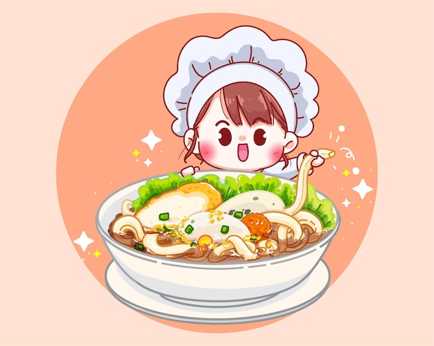 Fish Noodle soup with fish balls cartoon illustration