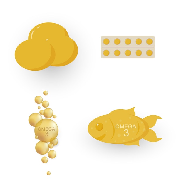 Vettore bottiglia di olio di pesce pillola capsula softgel composizione di omega 3 nutrizione pillola di carenza vitaminica vettore