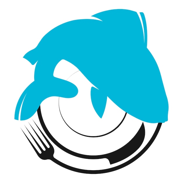 접시에 생선과 포크 나이프는 해산물 음식의 상징입니다.