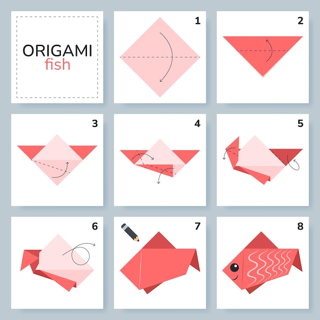 Vettore tutoriale dello schema di origami per pesci modello mobile origami per bambini passo dopo passo come fare un carino origami