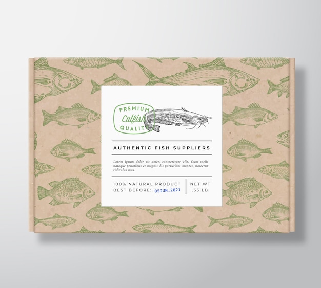 Vector fish pattern realistic cardboard box