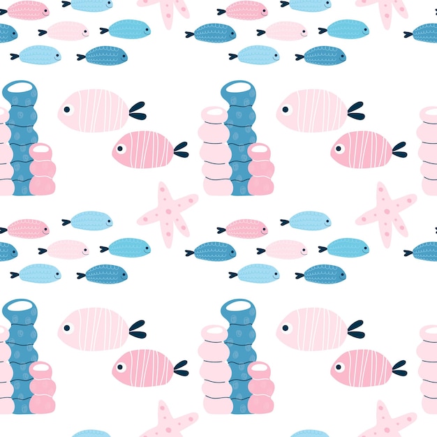 Vector fish pattern scandi creative baby texture for wallpaper clothes fabric packaging textile vector illustration background hand drawn