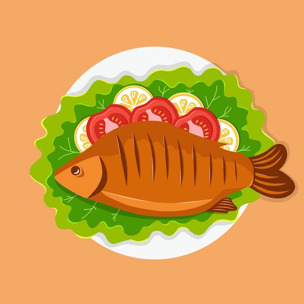 Vector fish on a plate with lettuce,tomatoes and lemon.food.dish.menu