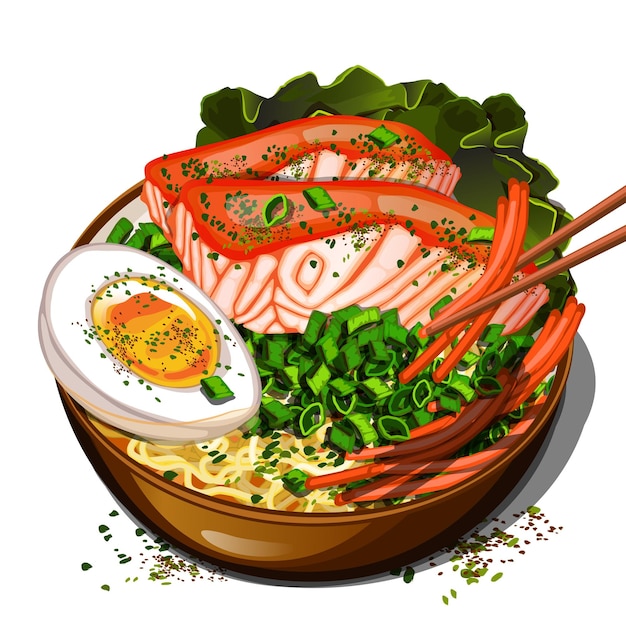 fish ramen on the spicy broth top view