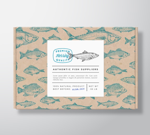 Vector fish realistic cardboard box packaging mockup