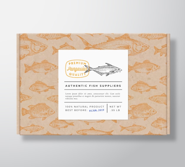 Vector fish realistic cardboard box packaging mockup