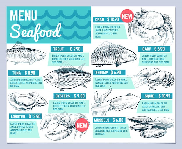 魚料理メニュー。手描きの魚のロブスターとカニのシーフードrestauranteビンテージデザインベクトルテンプレート