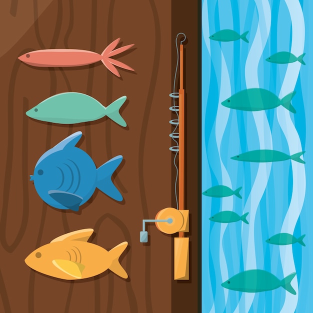 Vector fish and rod over wood and sea