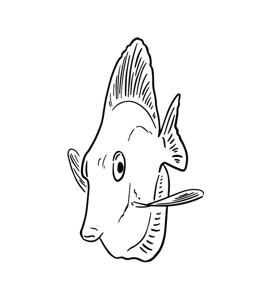 Vector fish sea animal swimming in water doodle linear cartoon coloring book