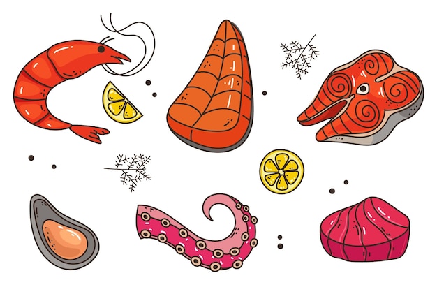 Pesce frutti di mare che cucinano frutti di mare linea arte stile astratto insieme isolato graphic design