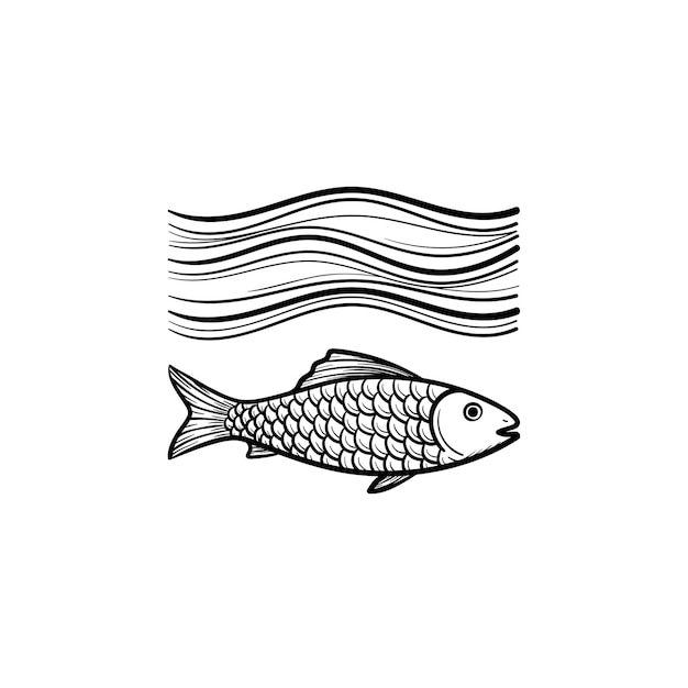 Vettore pesce sotto l'icona di doodle di contorni disegnati a mano dell'onda del mare piccolo pesce nell'illustrazione di schizzo di vettore dell'acqua per stampa, web, mobile e infografica isolato su priorità bassa bianca.