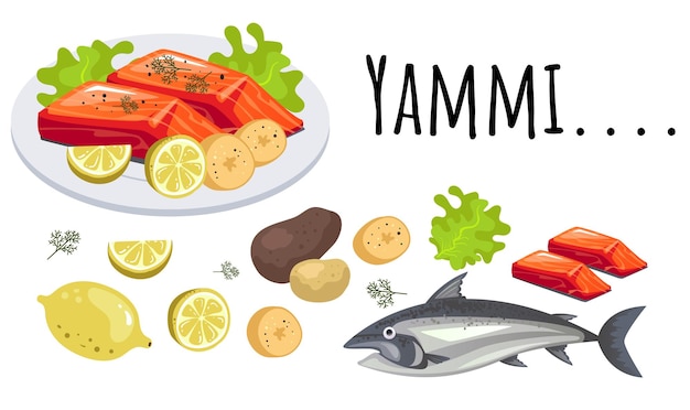 Блюдо из морепродуктов из рыбы на тарелке, ингредиент меню, изолированный дизайн набора, графическая иллюстрация