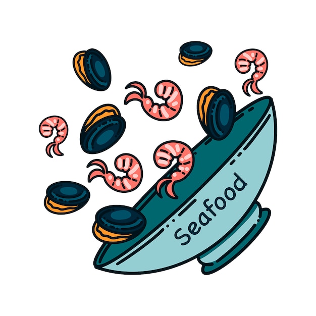 Vector fish and seafood. seafood plate in cartoon style.