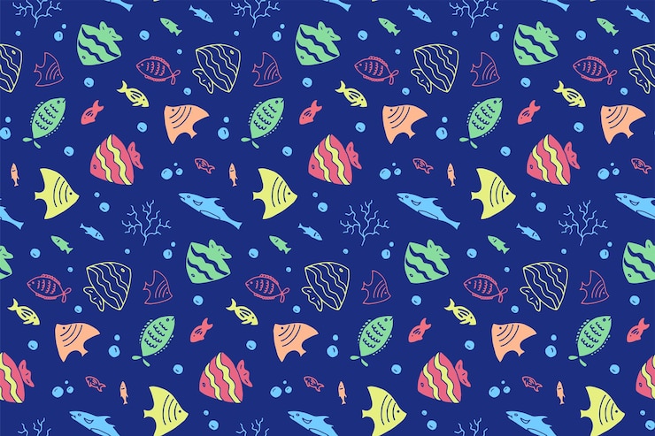 Vector fish seamless pattern sea bottom species bright blue handdrawn doodle vector seafood background