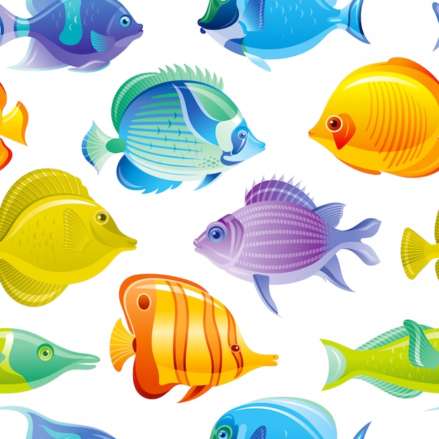 물고기 원활한 패턴입니다. 열 대 바다 배경입니다. 수채화 바다 세트 수중 동물 디자인. 산호초 물고기 귀여운 만화 일러스트 레이 션. 여름 마린 프린트.