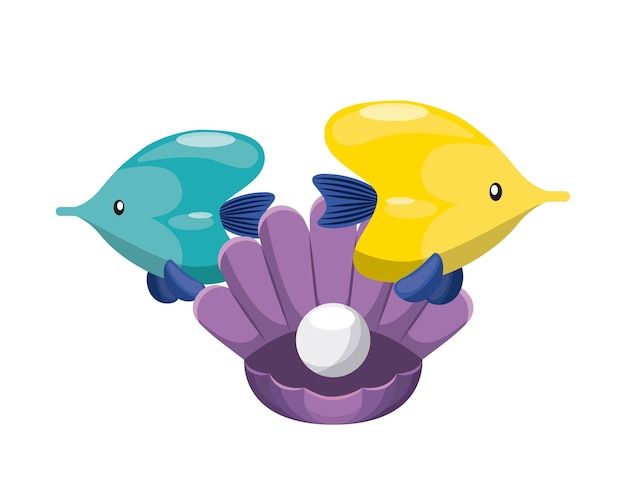 Vector fish and shell with pearl icon.