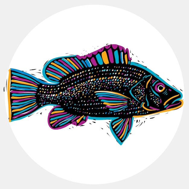 Виды рыб, векторный символ морской фауны. Ручной рисунок рыбы, здоровое питание. Символ темы зоологии, может использоваться в графическом дизайне.