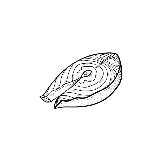 생선 스테이크 손으로 그린 개요 낙서 아이콘입니다. 흰색 배경에 격리된 인쇄, 웹, 모바일 및 인포그래픽을 위한 구운 스테이크 벡터 스케치 그림입니다. 구운 건강 식품 개념입니다.