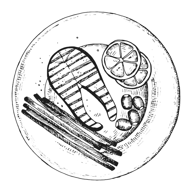 Рыбный стейк на векторном ручном рисунке тарелки изолирован