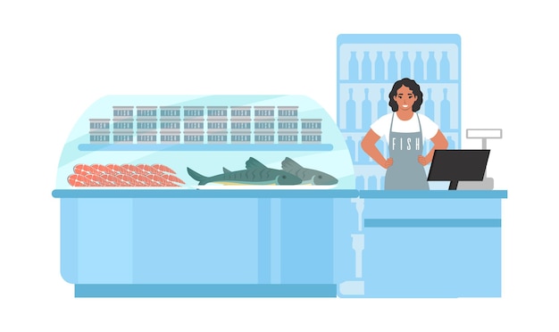 Fish store market supermarket grocery store seafood section department fishmonger shop vector illust...