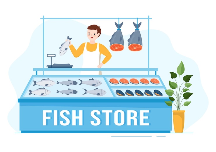 Vector fish store to market various fresh and hygienic products seafood in flat cartoon illustration