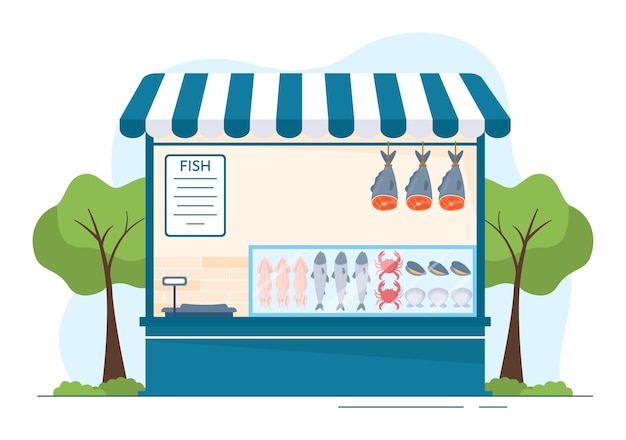 Fish Store to Market Various Fresh and Hygienic Products Seafood in Flat Cartoon Illustration