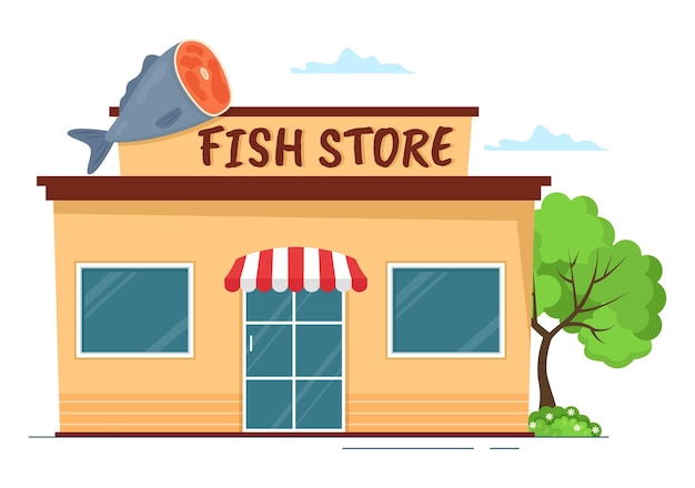 Fish store to market various fresh and hygienic products seafood in flat cartoon illustration