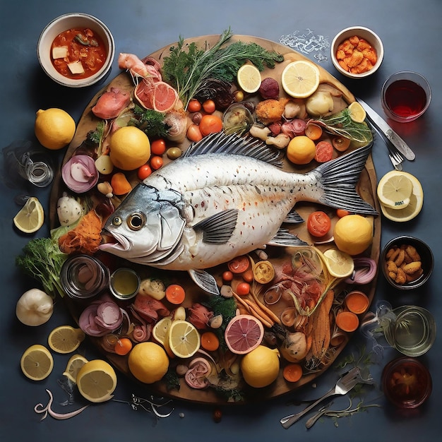 a fish on a table with a lot of food on it