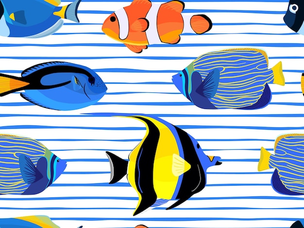 Рыба под водой с пузырьками бесшовные модели на фоне полос. Выкройка рыбок для текстильной ткани или обложек книг, обоев, дизайна, графики, упаковки