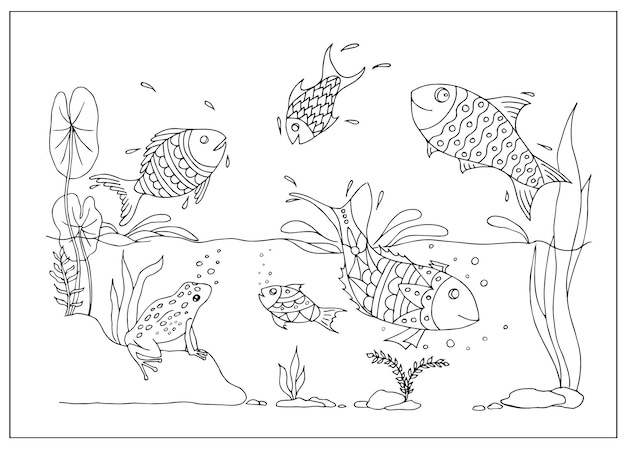 물고기와 수중 세계 색칠을 위한 손으로 그린 벡터 그림 뛰어오르는 물고기