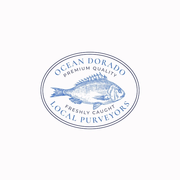 魚ビンテージ フレーム バッジまたはロゴのテンプレート手描きレトロなタイポグラフィと野生の海ドラド スケッチ エンブレム