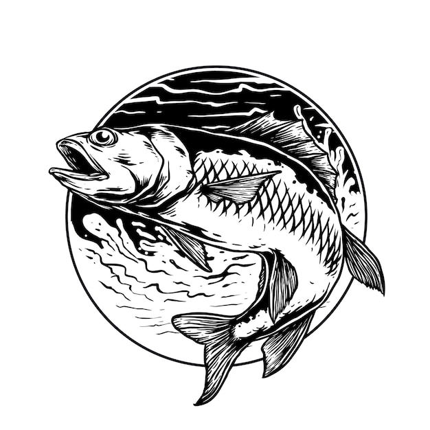 Fish in the wave for fishing club logo badge