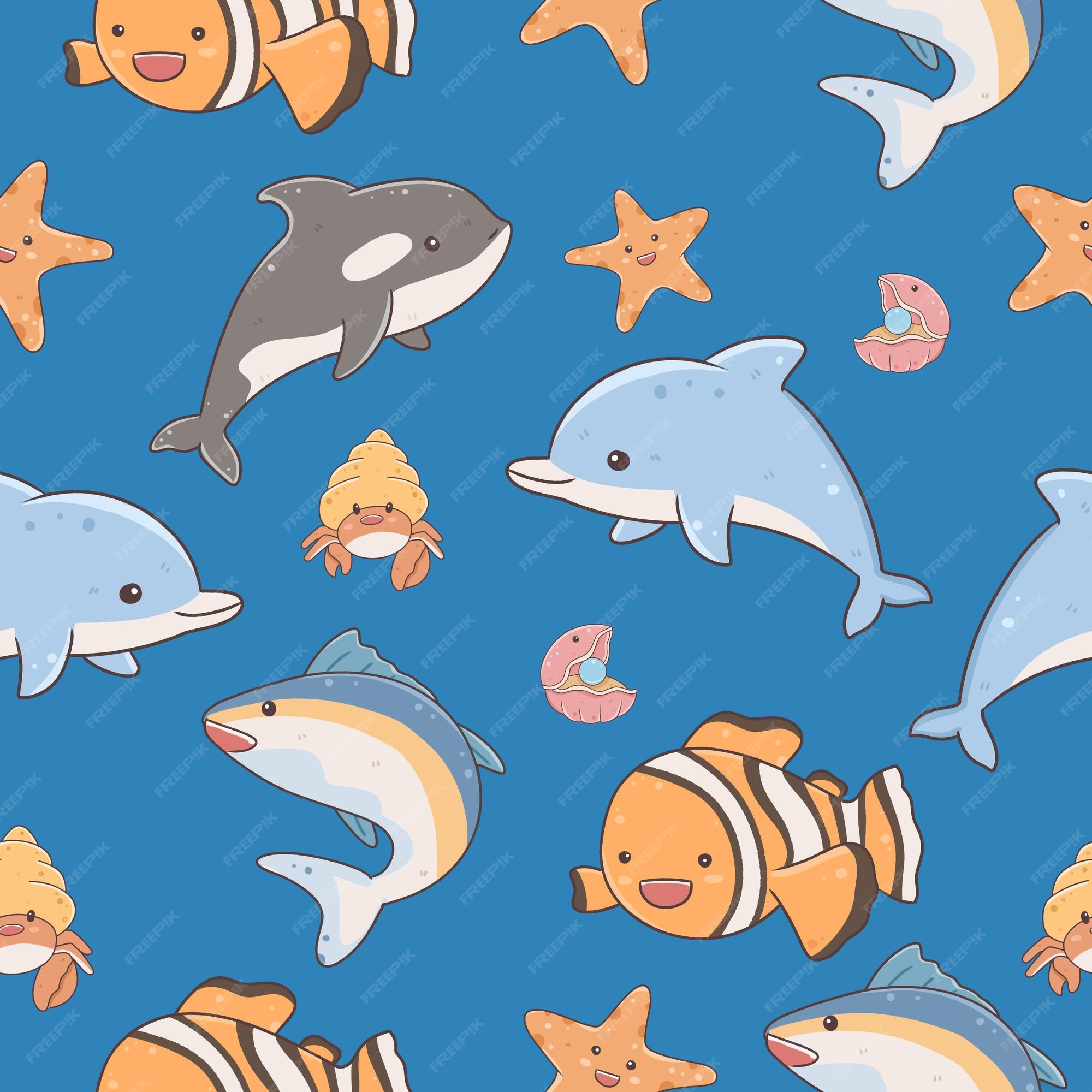 Premium Vector | Fish and wild marine animals seamless wallpaper on blue background inhabitants of the sea world cute funny underwater creatures Premium Vector | Fish and wild marine animals seamless wallpaper on blue background inhabitants of the sea world cute funny underwater creatures