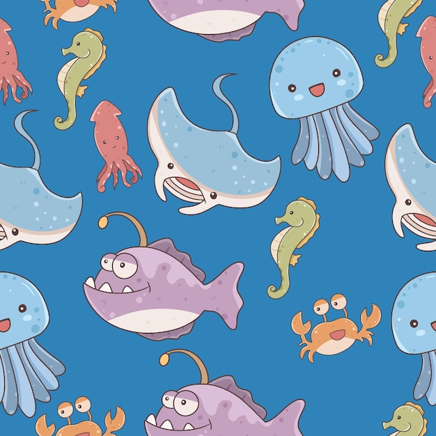 Fish and wild marine animals seamless wallpaper on blue\
background inhabitants of the sea world cute funny underwater\
creatures