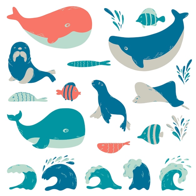 Fish, wild, marine animals, waves, splashes. Big ocean collection. Vector illustration