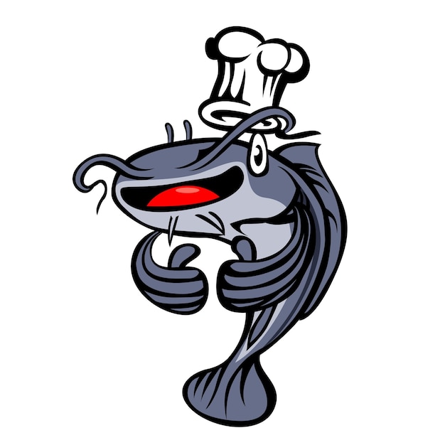 A fish with a chef hat is looking at the camera.