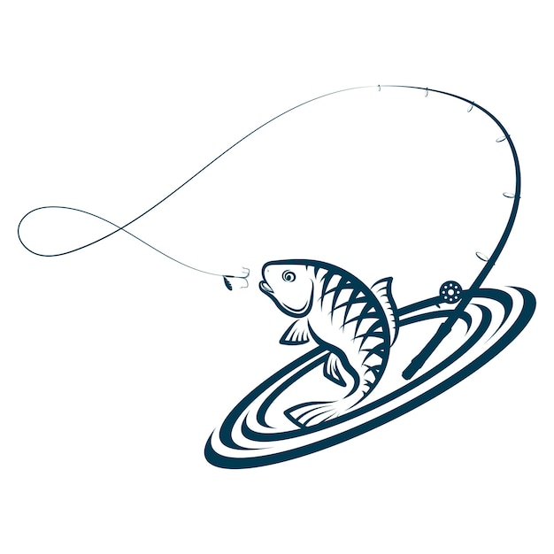 Vector fish with a fishing rod and a hook on a fishing line sea food and fishing