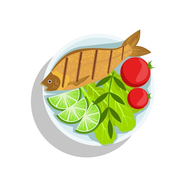 Fish with lime and tomatos oktoberfest grill food plate illustration