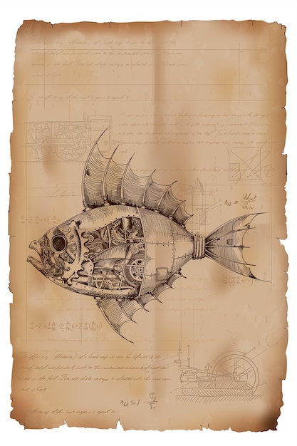 Pesce con corpo in metallo a comando meccanico in stile steampunk sullo sfondo di vecchia carta stropicciata con disegni, formule e note tecniche.