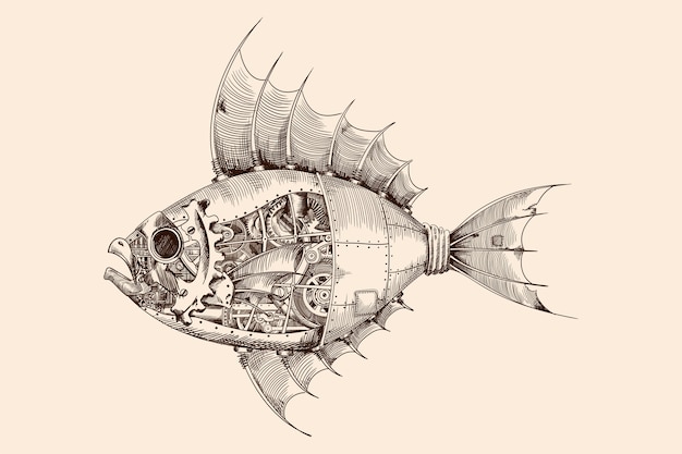 Fish with a metal body on mechanical control in steampunk style.