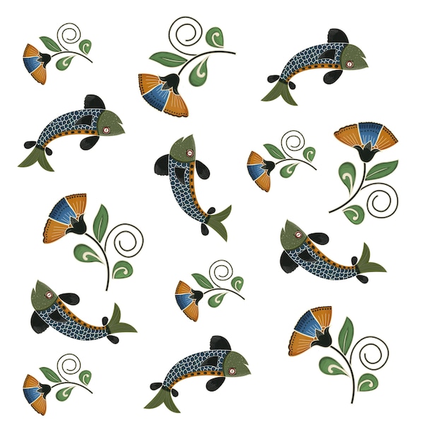 Vector fish and yellow blue flowers pattern