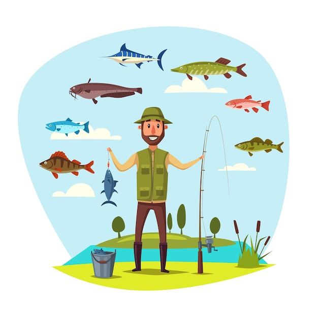 Vector fisher man with fish catch vector fishing