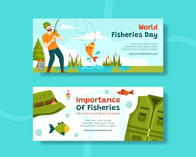 Fisheries Day Horizontal Banner Illustration Flat Cartoon Hand Drawn Templates Background