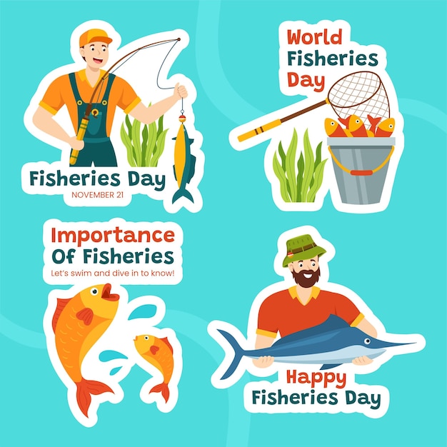 Иллюстрация этикетки ко Дню рыболовства. Плоский мультфильм. Рисованной шаблоны фона.