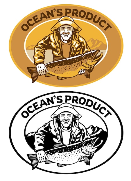 Vector fisherman badge design with big trout fish