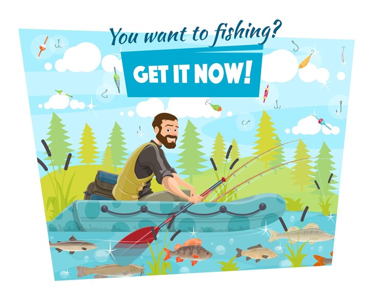 Vector fisherman in boat fishing sport hooks and baits