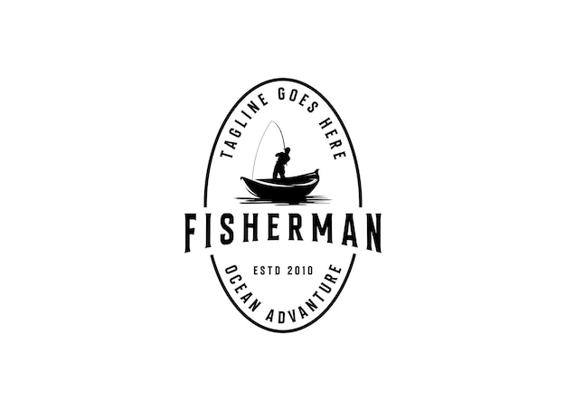 Pescatore in barca logo design vintage fisheries logo design