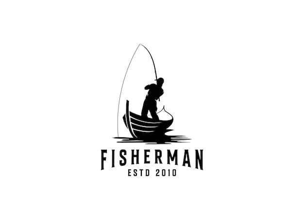 Fisherman in boat logo design vintage fishing logo design